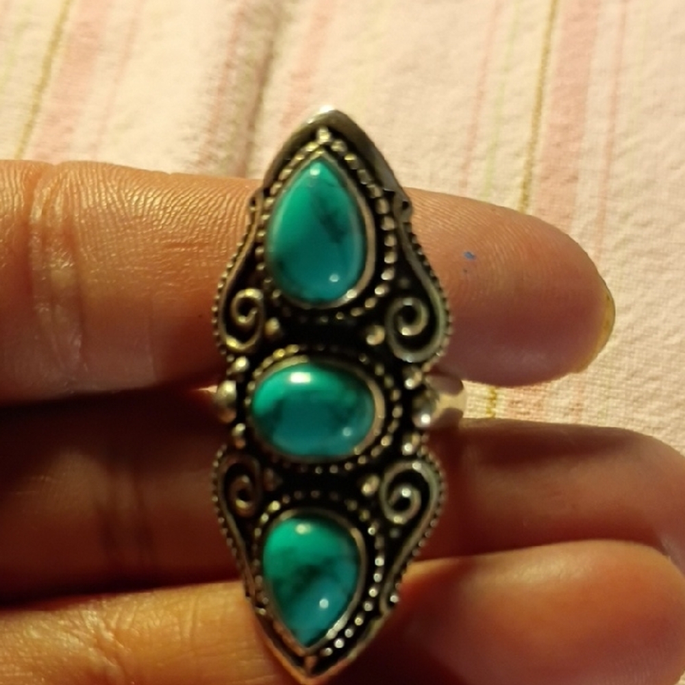 Turquoise Teardrop Three-Stone Statement Ring - W… - image 7